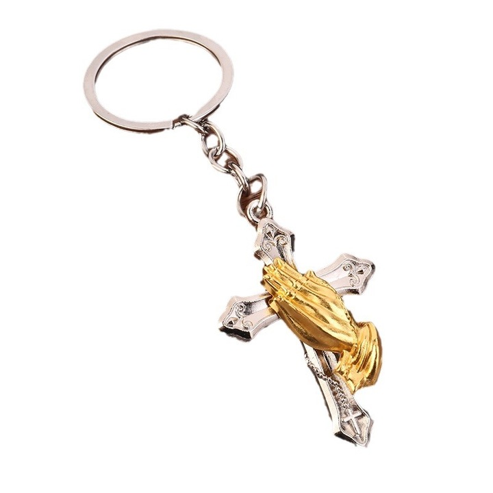 Breloc 3D, Model Maini Impreunate Rugaciune, Retro, din Aliaj de Zinc, pentru Masina, Culoare argint