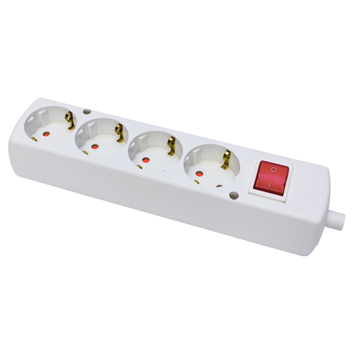 Prelungitor PLASTROL 4 guri 230V cu intrerupator, alb, 245x37x54mm