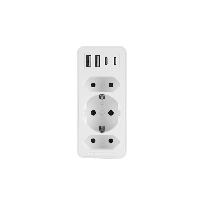 Priza multifunctionala, PLASTROL, USB / USB-C, alb, 230V