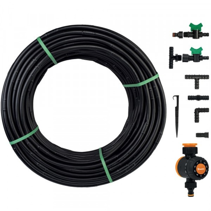 Csepegtető tömlőkészlet, Bradas, 50m, 87 elem, 16mm, áramlásmérővel, fekete