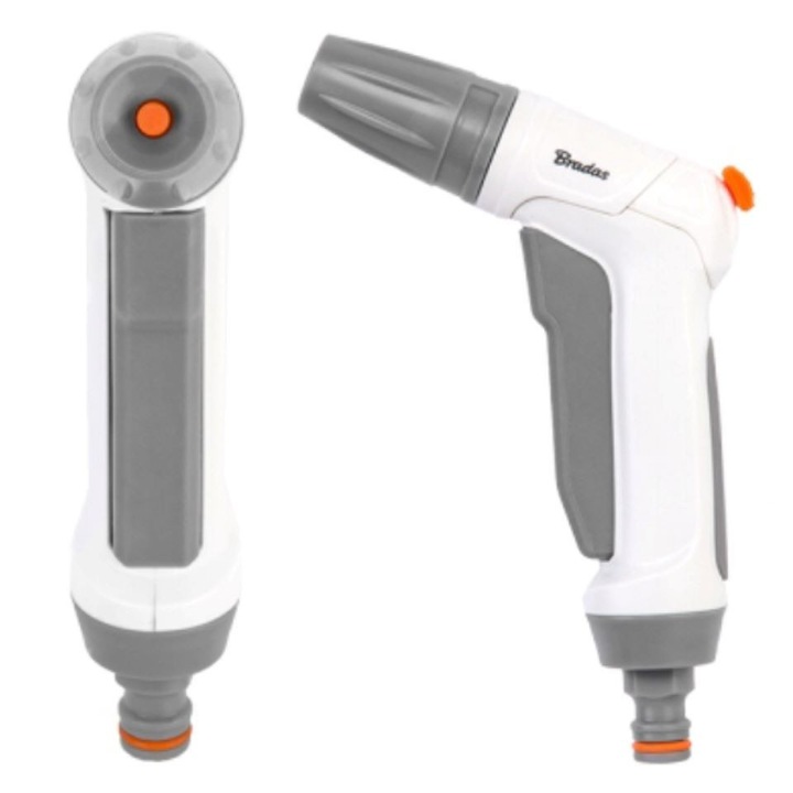 Pistol de stropit BRADAS, WHITE LINE, 3 functii, metal/plastic, reglare debit apa, alb/gri