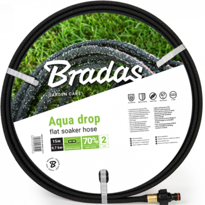 BRADAS AQUA-DROP FLAT 1/2", 15m, rugalmas, időjárásálló öntözőtömlő