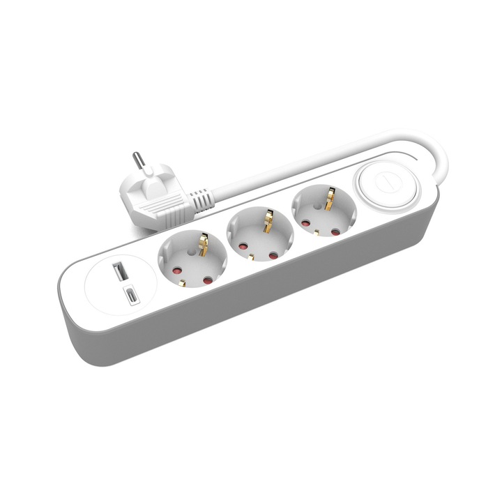 Разклонител с 3 контакта, немски, PLASTROL, 1,5м, бяло-сив, с USB-A и USB-C