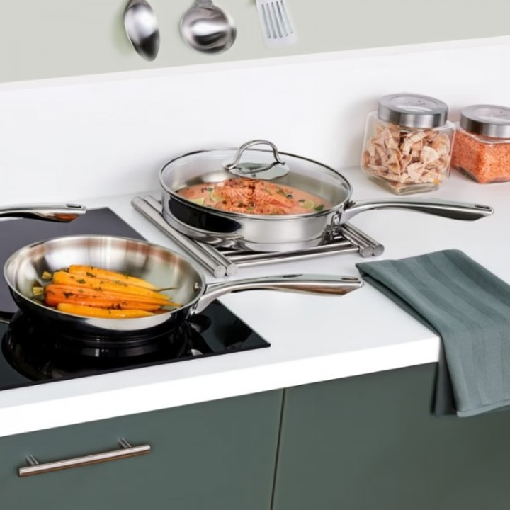 Tigaie inox Five Resilience, 28 cm, capac sticlă termorezistentă, maner ergonomic