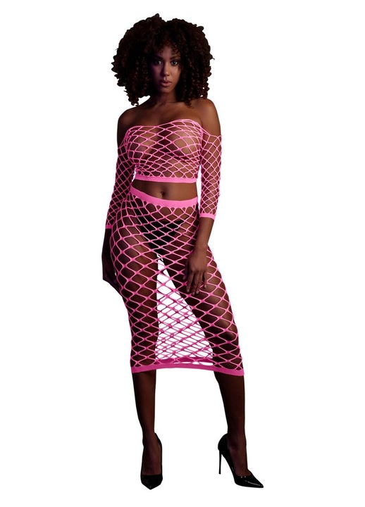 Szexi fehérnemű szett, Ouch!, neon top hosszú ujjakkal és hosszú szoknya, neon rózsaszín rugalmas anyag, XS-L INTL