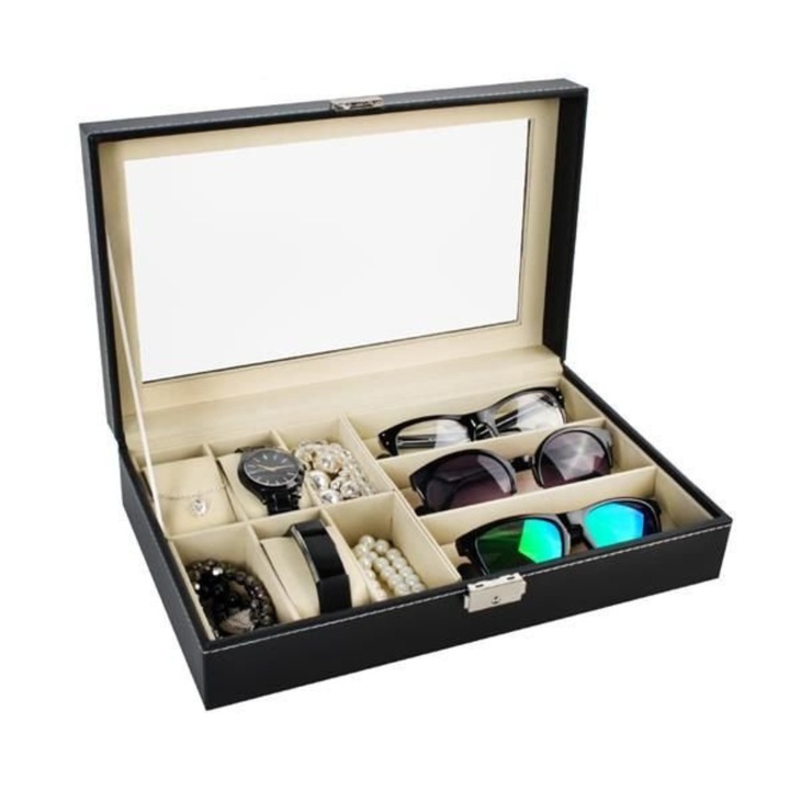 Organizator ceasuri si ochelari VarioShop, piele ecologica, inchidere cu cheie, 33.5x20.5x8cm, negru