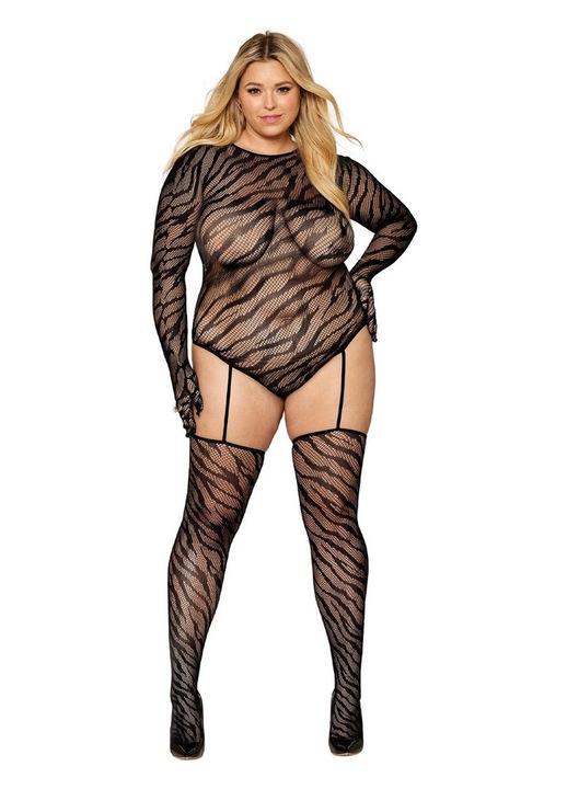Body sexy Dreamgirl, plus size, plasa zebrata, maneci lungi cu manusi, negru, material elastic, set cu portjartier si ciorapi, One Size INTL