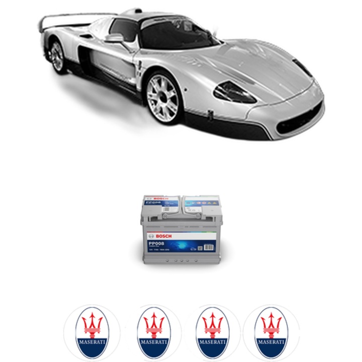 Baterie Acumulator 77 Ah 12 V 780 A MASERATI MC 12 6 din 2004 KW 464 CP 632 CMC 5999, auto, Bosch, 4x Stickere auto cu MASERATI