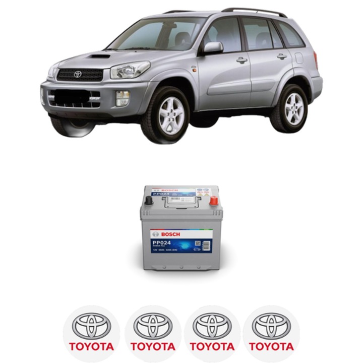 Baterie Acumulator 60 Ah 12 V 520 A TOYOTA RAV 4 II (_A2_) 2.0 4WD (ACA21, ACA20) din 2000-2005 KW 110 CP 150 CMC 1998, auto, Bosch, 4x Stickere auto cu TOYOTA