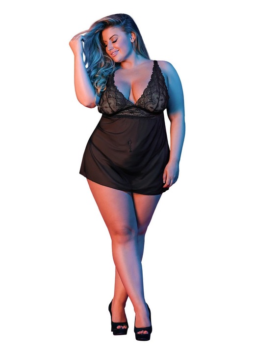 Babydoll Plus Size Magic Silk, állítható pántok, csipke kosarak, nyitott hát, fekete, tanga szettel, One Size INTL