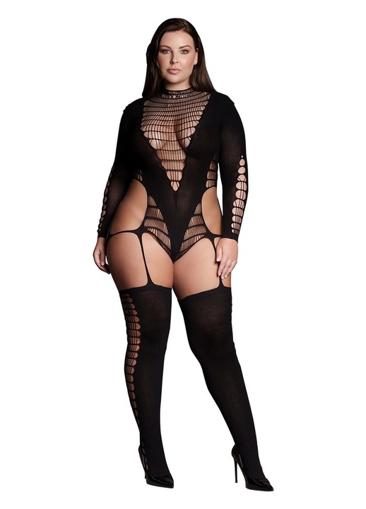 Bodystocking Le Desir Kalyke Plus Size, negru, material elastic, decolteu adanc in V, One Size INTL