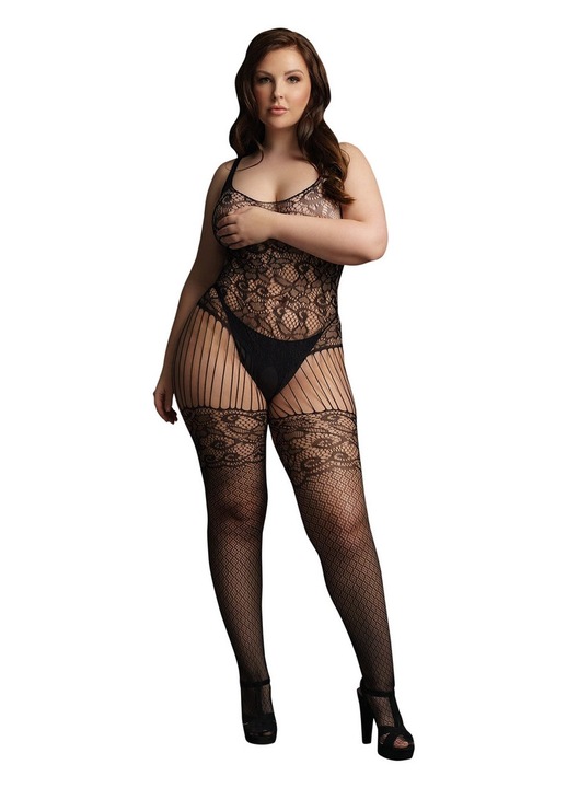 Body Le Desir plus-size cu dantela si plasa, ciorapi atasati, negru, material flexibil, XL-4XL INTL