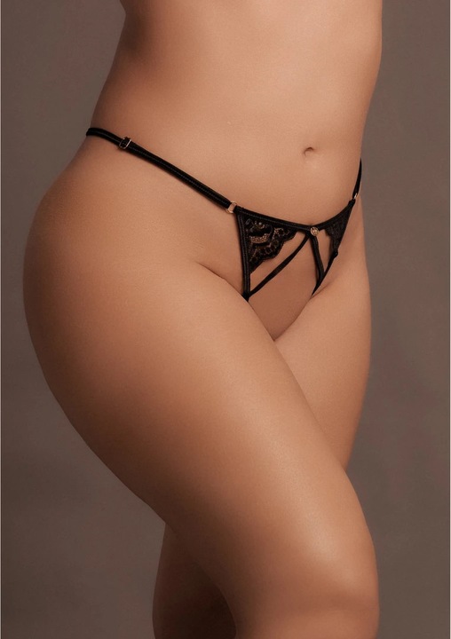 Le Desir Cloe Plus Size bugyi, elasztikus csipke, fekete, széles oldalpántok, nyitott szegély, One Size INTL