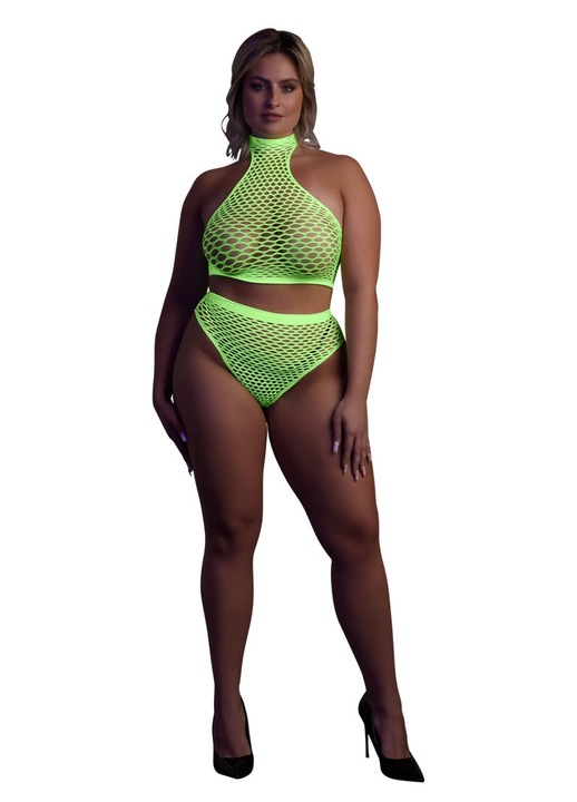 NEON RÓZSASZÍN/ZÖLD NEON Melltartó és Magas Dereú Bugyi Szett XL-XXXXL