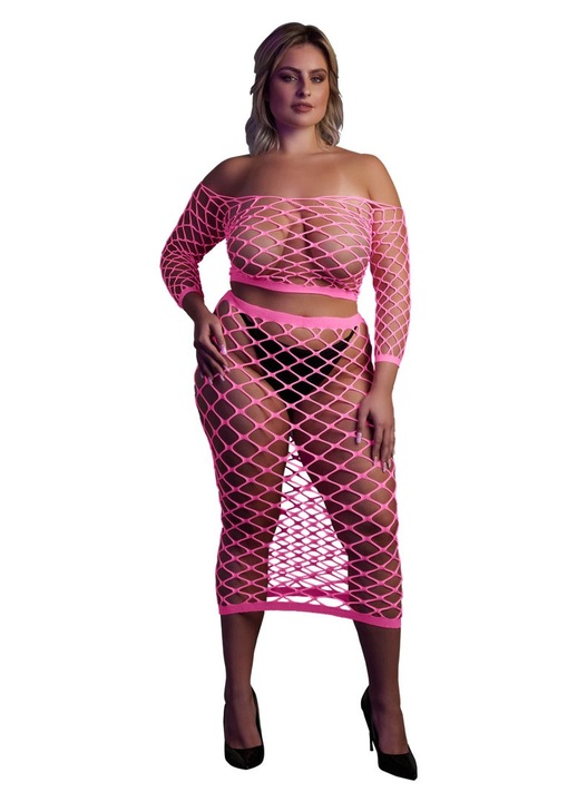 Ouch! UV neon rozsaszin top es szoknya szett, Rózsaszín, 4XL