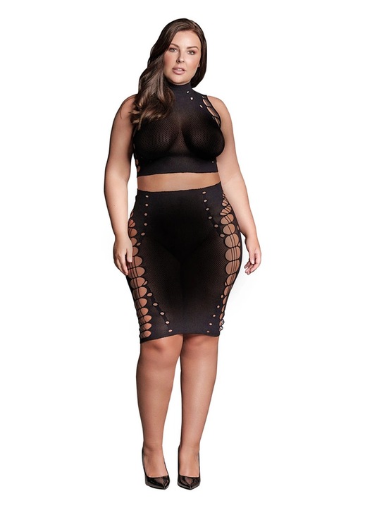 Szexi fehérnemű, ShotsToys, alakformáló top + szoknya szett, fekete, plus size, One Size INTL