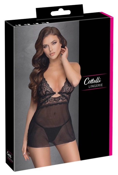 Szexi fehérnemű, Cottelli, hálós babydoll csipkével, fekete, tanga szettel, M INTL