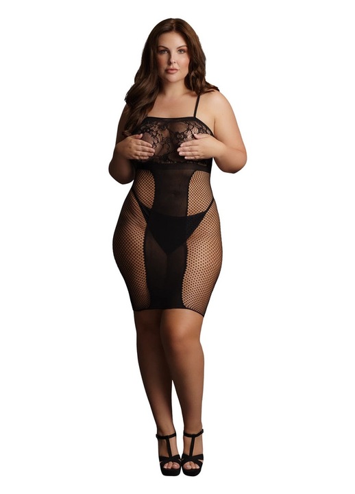 ShotsToys Szexi ruha, Le Desir modell, plus size, hálós, fekete, masszázs övvel, One Size INTL