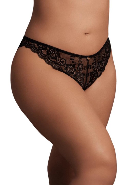 Le Desir Zoe Plus Size elasztikus csipke bugyi, nyitott hátú, fekete, puha anyag, One Size INTL