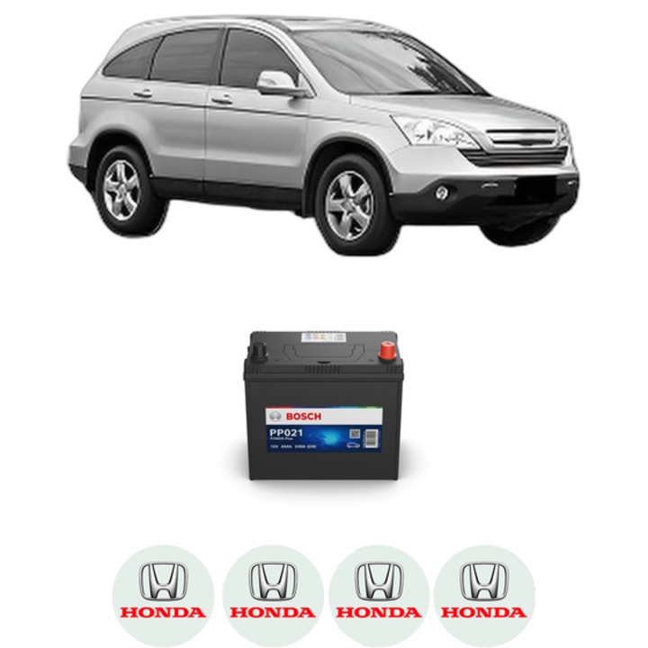 Baterie Acumulator 45 Ah 12 V 330 A HONDA CR-V III (RE_) 2.0 i-VTEC 4WD (RE5, RE2) din 2006-2012 KW 110 CP 150 CMC 1997, auto, Bosch, 4x Stickere auto cu HONDA