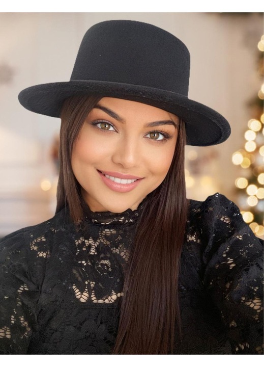 Palarie eleganta de dama tip canotiera Confortino Castillia - Palarie fetru, Palarie Neagra (Negru) - Marime Unica, Reglabila