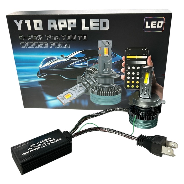 Set becuri LED auto H4, 300W, 35.000 lumeni, galben/alb, control prin aplicație