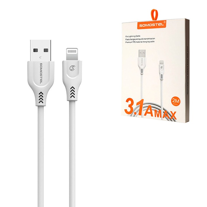 Cablu de date USB - Lightning, Somostel, 3.1A, 2m, QC3.0, alb