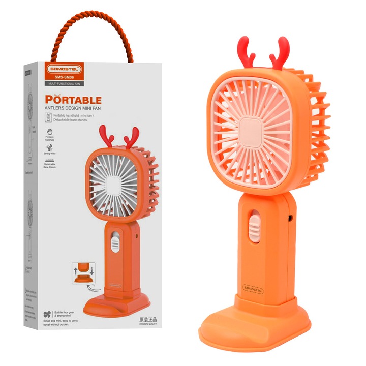 Ventilator portabil Somostel SMS-SM06, 4 palete, incarcare USB, 185.5x71.9x78mm, portocaliu