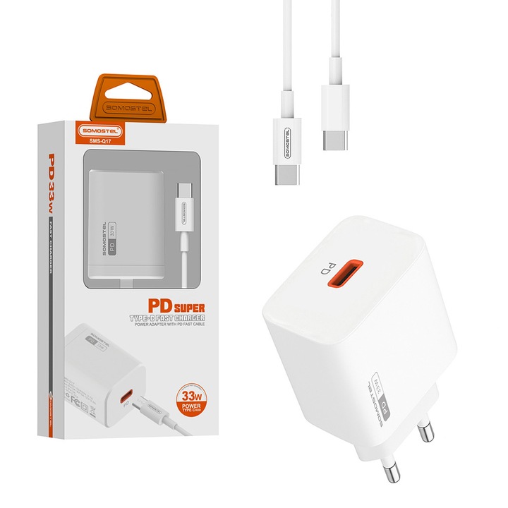 Incarcator Somostel Type-C 33W cu cablu Type-C, alb, set