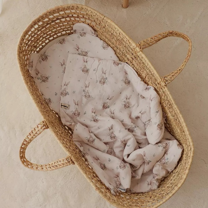 Set lenjerie de pat pentru copii Muminky, 100x135cm, bumbac muslin, antialergic, cu perna