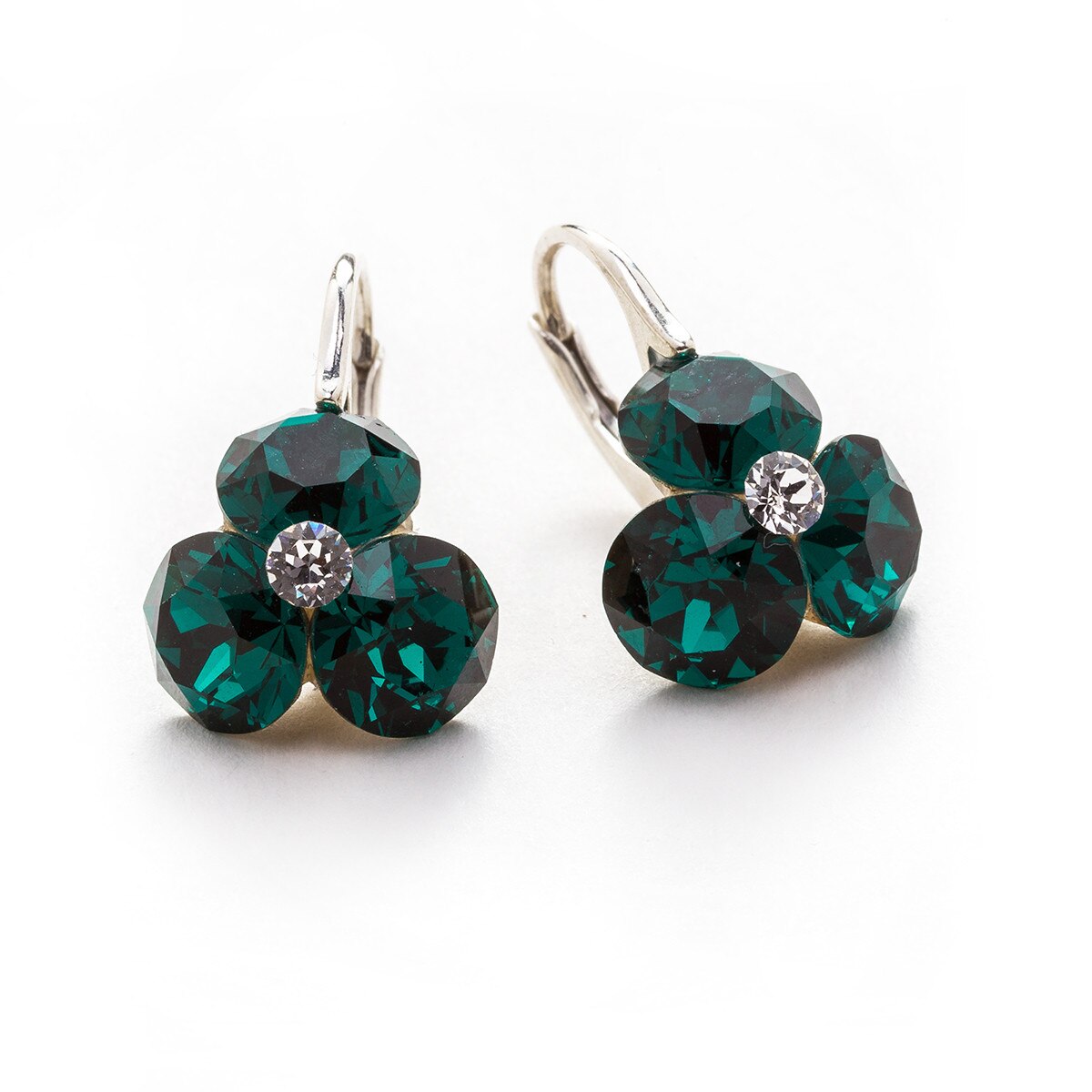 Cercei Argint DaviCrystals cu cristale trifoi cu leverback mic emerald