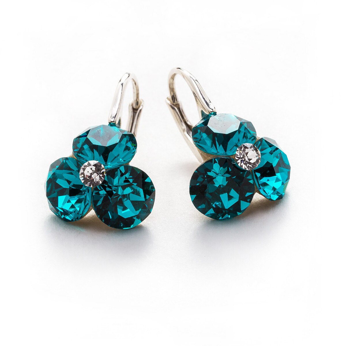 Cercei Argint DaviCrystals cu cristale trifoi cu leverback mic blue zircon