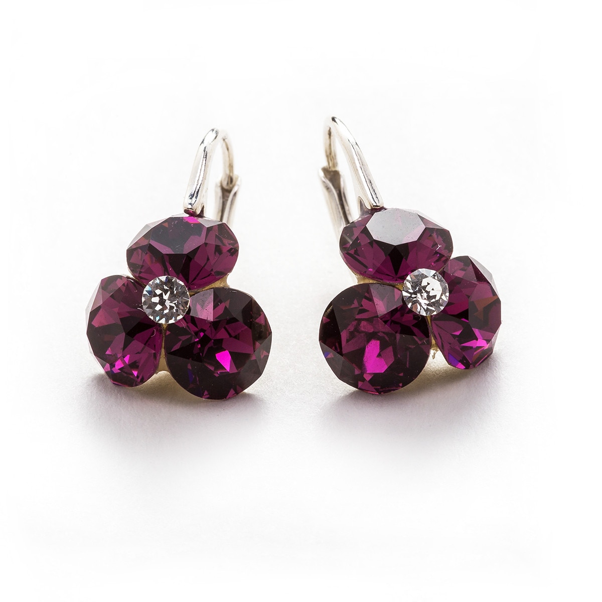 Cercei Argint DaviCrystals cu cristale trifoi cu leverback mic amethyst