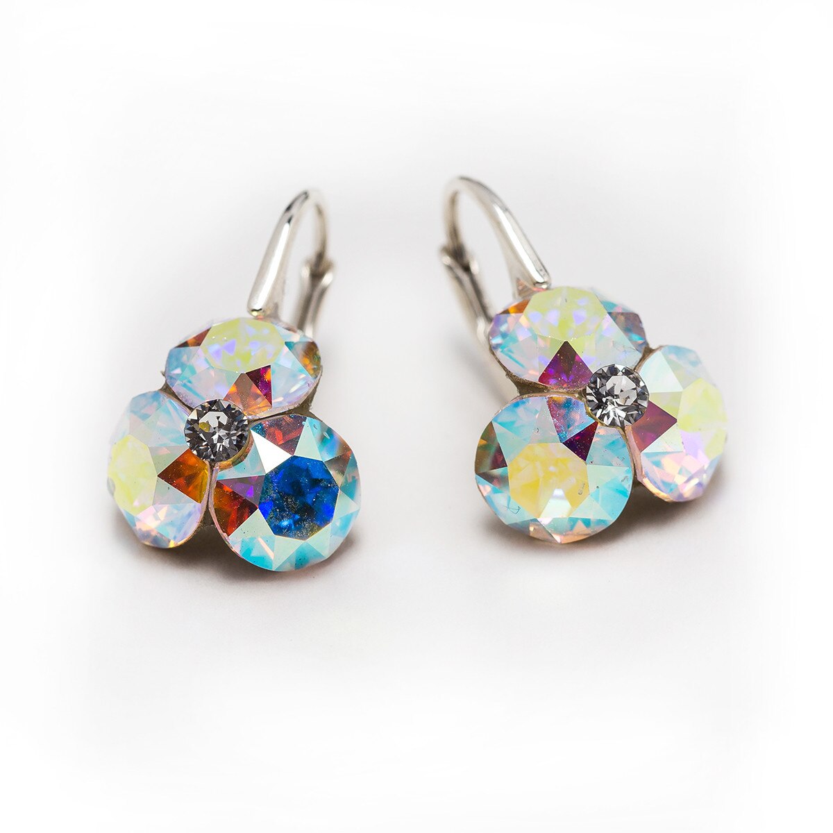 Cercei Argint DaviCrystals cu cristale trifoi cu leverback mic aurore boreale