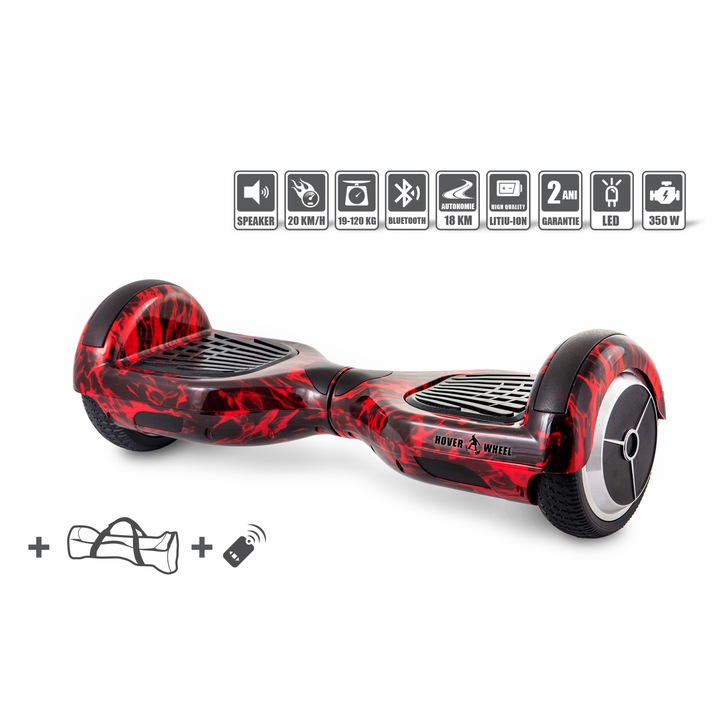 Hoverboard Original HoverWheel® flame edition, електрически скутер, 6,5 инчови колела, чанта за подарък, безжично дистанционно управление, LED светлини на крилата, предните и колелата, вграден музикален високоговорител, 700 W мотори, качествена батерия