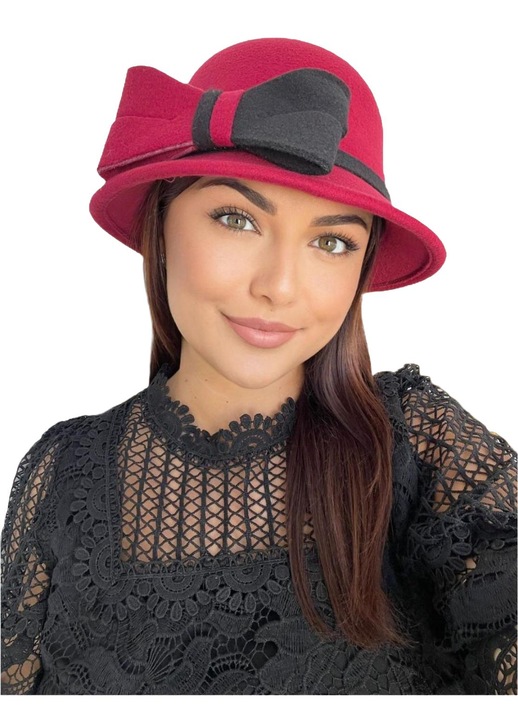 Palarie dama eleganta cu boruri mici si funda in 2 culori Confortino Duet - Palarie GRENA+NEGRU - Marime Unica, Reglabila