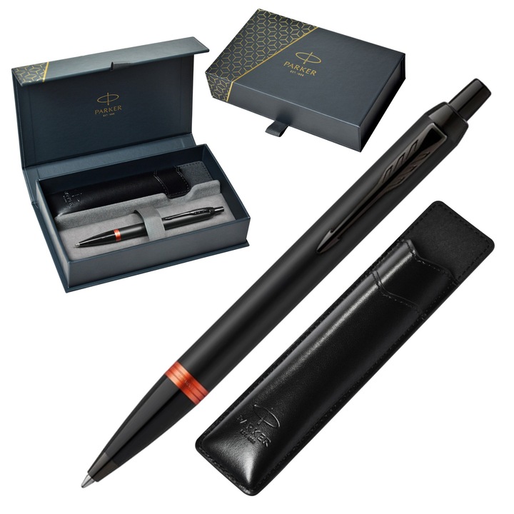 Pix Parker IM, Marine Blue, mecanism buton, set cu husa din piele