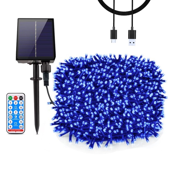 Instalație Crăciun, Joyful Box, LED, Albastru, 20 m, 200 leduri, Solar și USB, Telecomandă, 2200 mAh