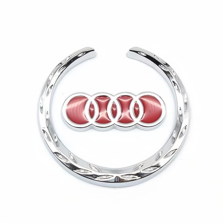 Sticker Emblema Auto pentru Audi ARRRD®, Decor Metalic Cromat cu Arc Lunar si Grau - Compatibil cu Toate Modelele Audi Rosu