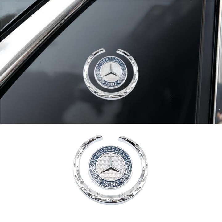 Sticker Emblema Auto pentru Mercedes-Benz ARRRD®, Decor Metalic Cromat cu Arc Lunar si Grau - Compatibil cu Toate Modelele Mercedes-Benz Albastru