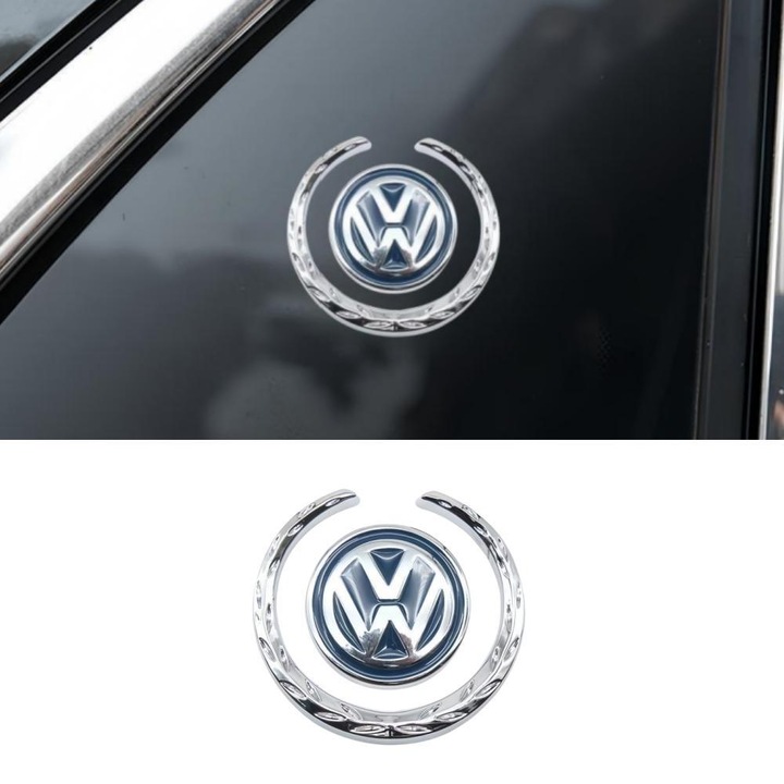 Sticker Emblema Auto pentru Volkswagen ARRRD®, Decor Metalic Cromat cu Arc Lunar si Grau - Compatibil cu Toate Modelele Volkswagen Albastru
