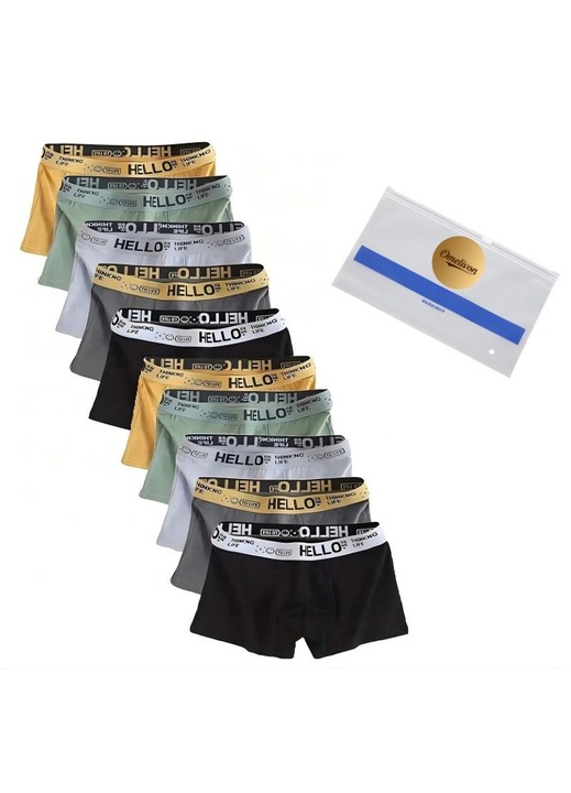 Lenjerie intima barbati, Omelivon®, set de 10, bumbac, Boxeri，Negru, galben, verde, alb, gri, Galben pai/Negru stins/Alb Cocos/Verde lime/Gri antracit