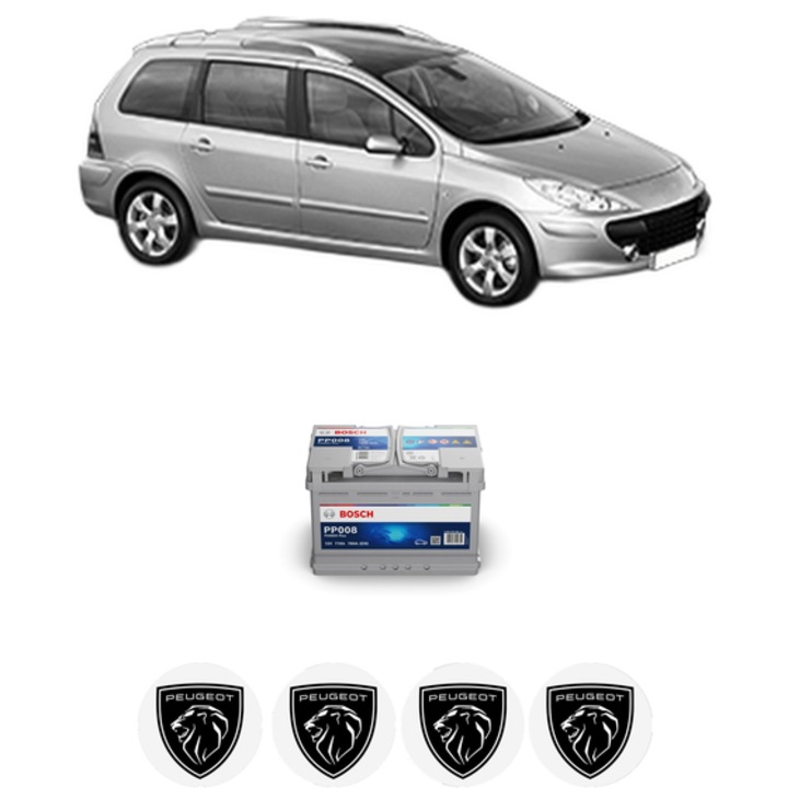 Baterie Acumulator 77 Ah 12 V 780 A PEUGEOT 307 SW (3H) 2.0 HDi 135 din 2004-2008 KW 100 CP 136 CMC 1997, auto, Bosch, 4x Stickere auto cu PEUGEOT