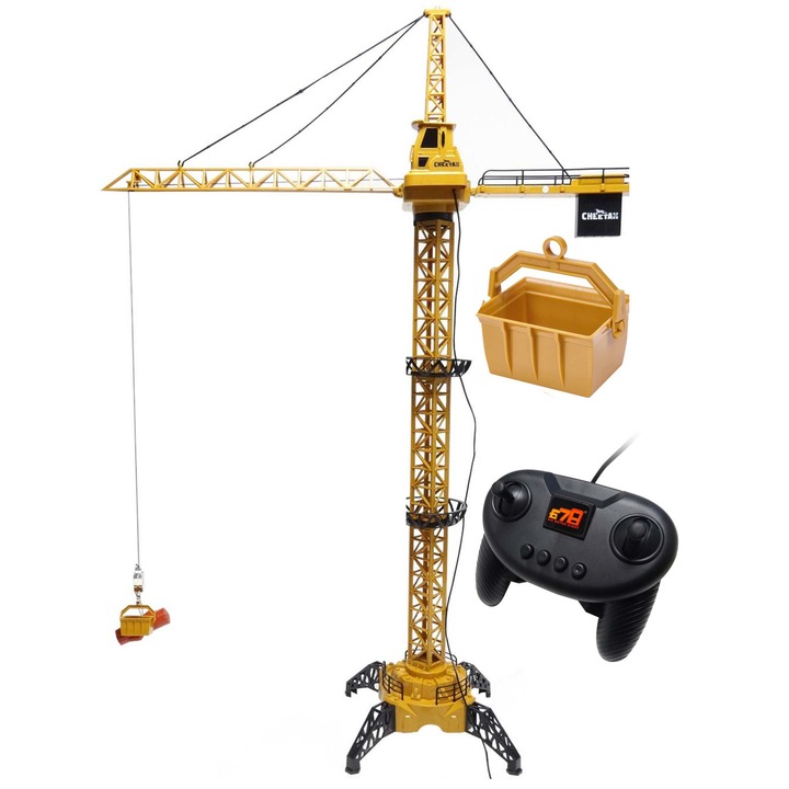 Гигантски строителен кран CIUPIGo® 1,28 м, дистанционно управление, с функционална кука, LED и аксесоари, функция за завъртане и повдигане, реалистична играчка за деца, 3+ години