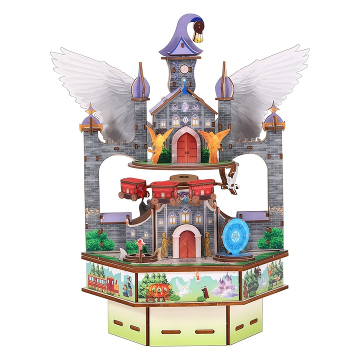 3D Fa Puzzle Zenedobozzal, Omelivon® A Dallamra Forgó Alkatrészekkel, Zenei Mechanizmussal - DIY Dekorációs Készlet, Egyedi Ajándék Családnak - 116 Alkatrész - „Fantáziavár az Égen” Szürke többszínű