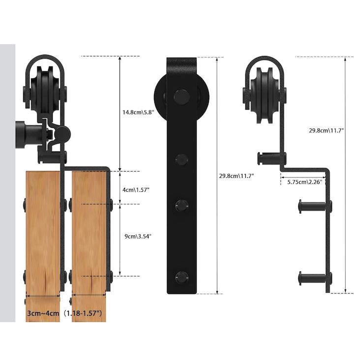 Sistem usi glisante, 183cm, complet pentru 2 usi din lemn, negru, 150kg, 15m sina