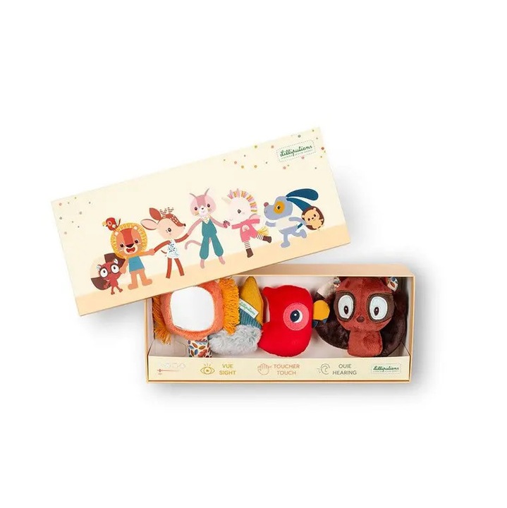 Set jucarii senzoriale 3 piese, Lilliputiens, Papagal Gilles, Lemur Elvis, Leu Jack, multicolor, 0m+