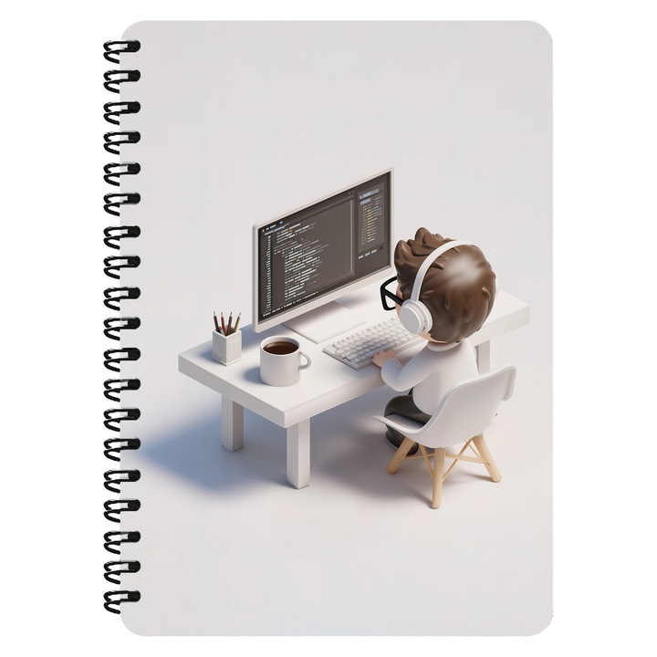 Agenda A5, Baiat Programator, IT, Coperta Mdf, Spira Metalica, 130 Pagini