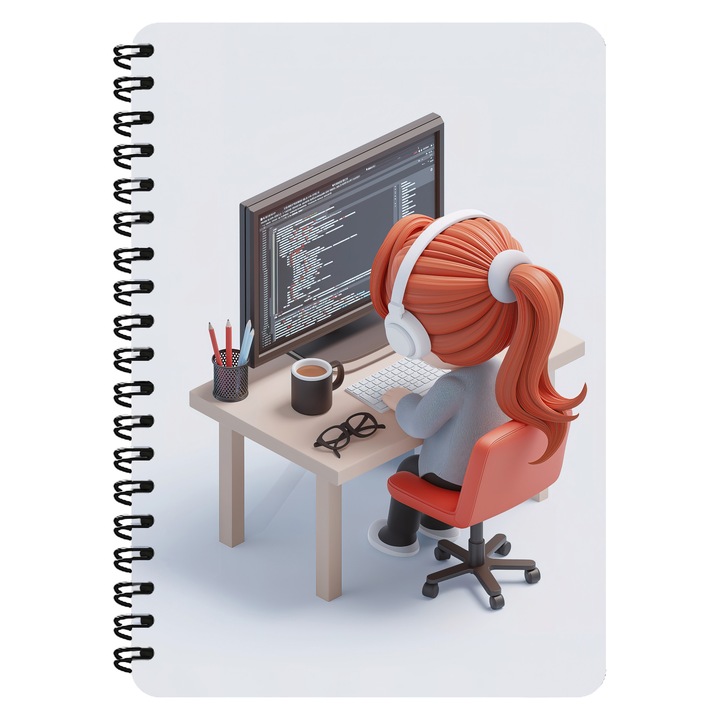 Agenda A5, Fata Programator, IT, Gamer, Coperta Mdf, Spira Metalica, 130 Pagini