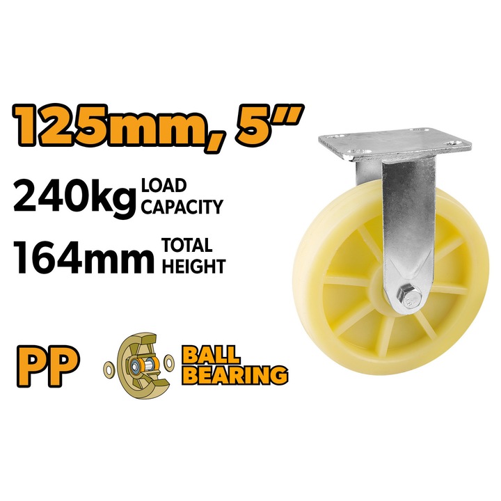 Rola fixa TOLSEN 125 mm (5"), polipropilena, capacitate 240 kg, baza metalica zincata, pas gauri 85x72 mm, pentru carucioare si platforme industriale